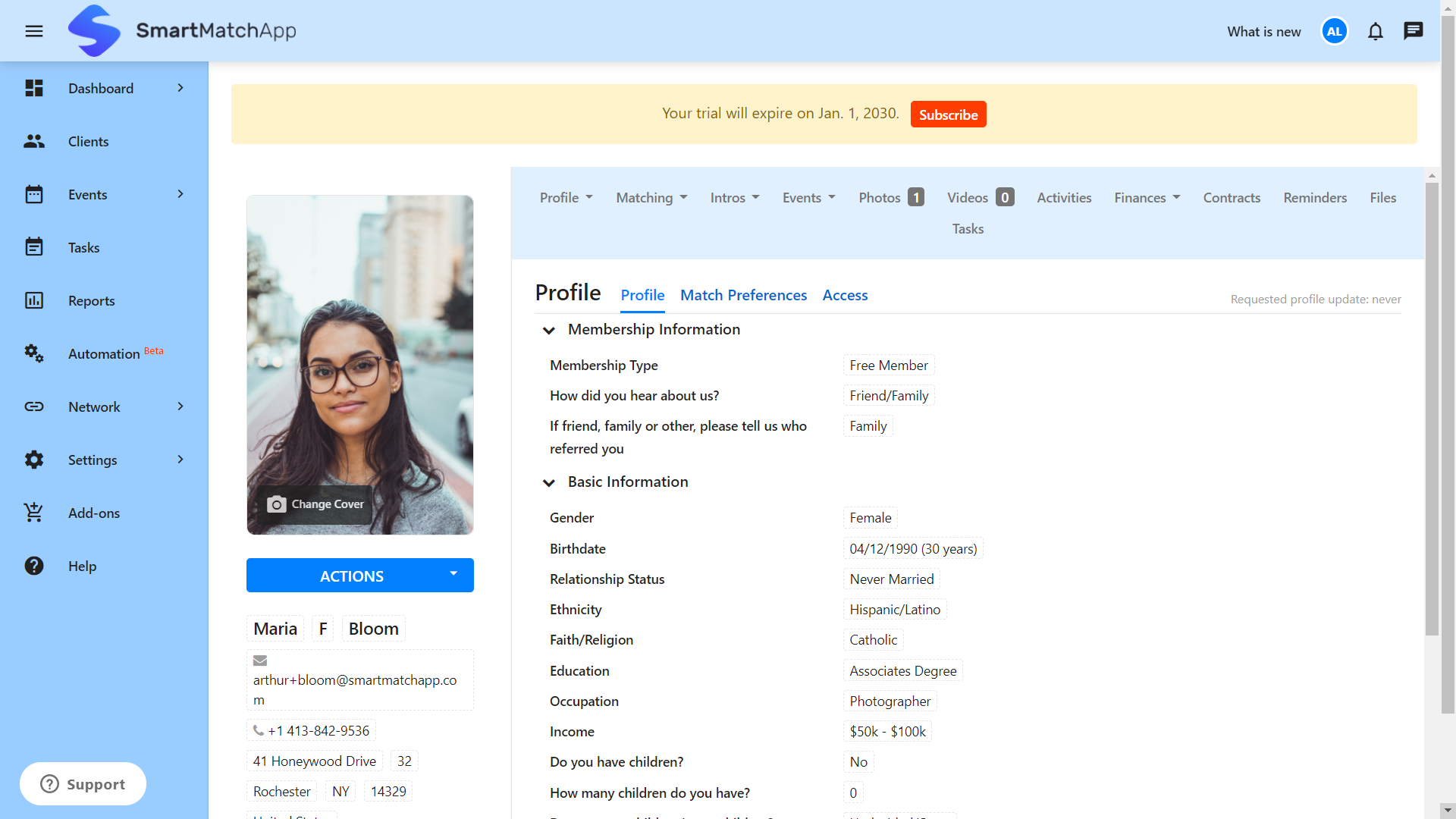 SmartMatch App matchmaking CRM showing a client profile with membership details, preferences, and matchmaker tools