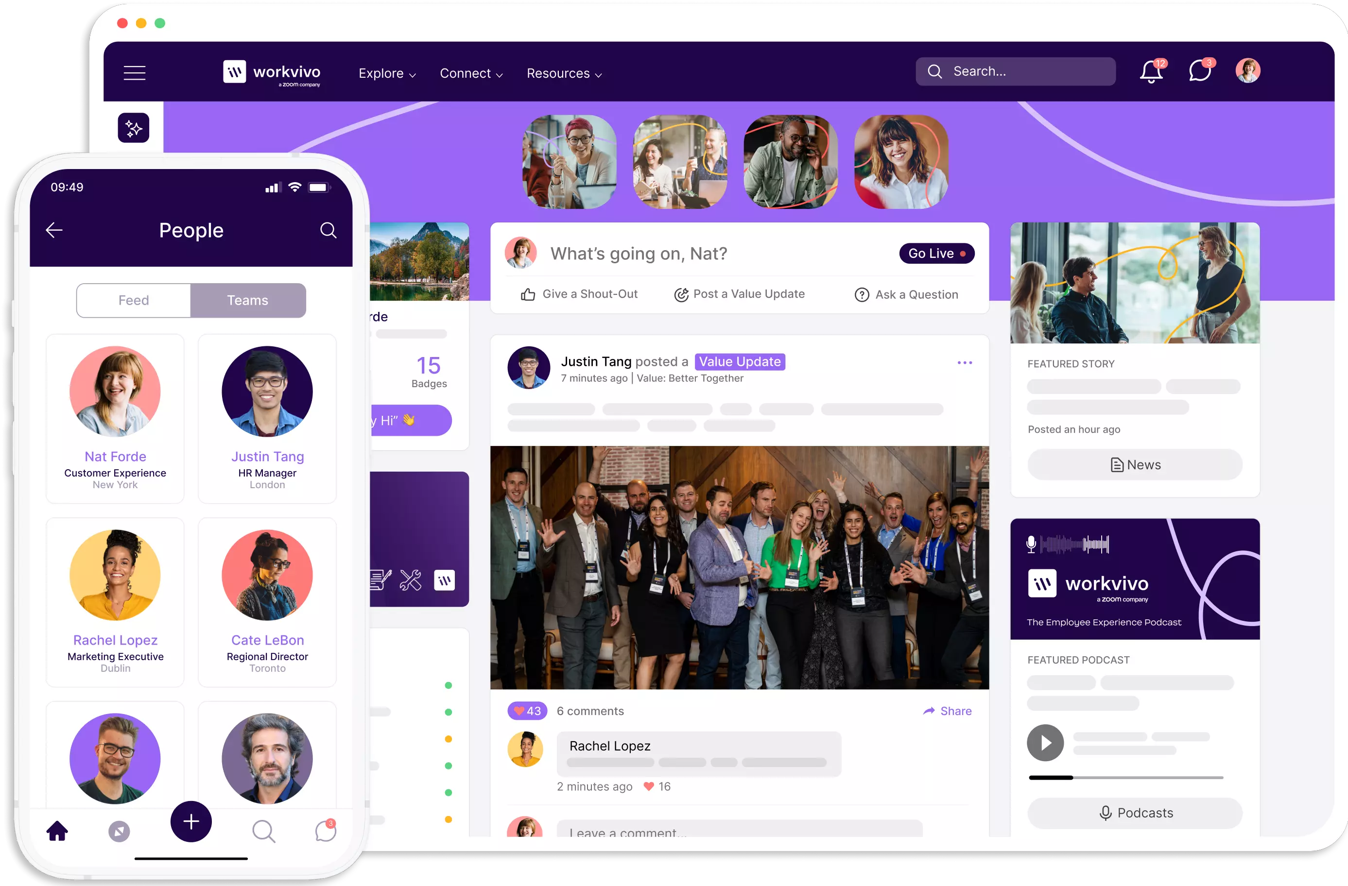 Workvivo digital workplace platform displayed on desktop and mobile, showing employee activity feed and people directory